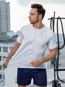 SHEIN Fitness Hombres Camiseta deportiva con estampado de dibujo de manga raglán - Blanco - Ver 5