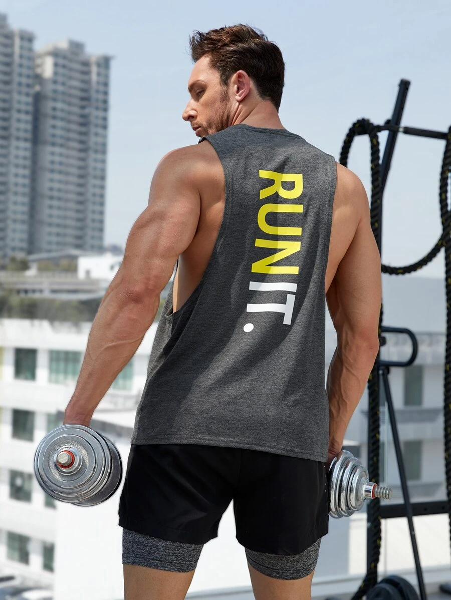 Fitness 男士字母圖案運動背心 - 深灰色 - 查看 1