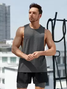 Fitness 男士字母圖案運動背心 - 深灰色 - 查看 2