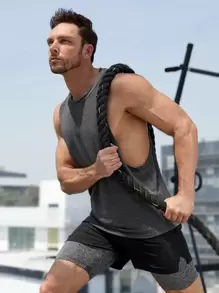 Fitness 男士字母圖案運動背心 - 深灰色 - 查看 4