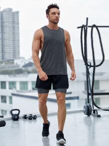 Fitness 男士字母圖案運動背心 - 深灰色 - 查看 5