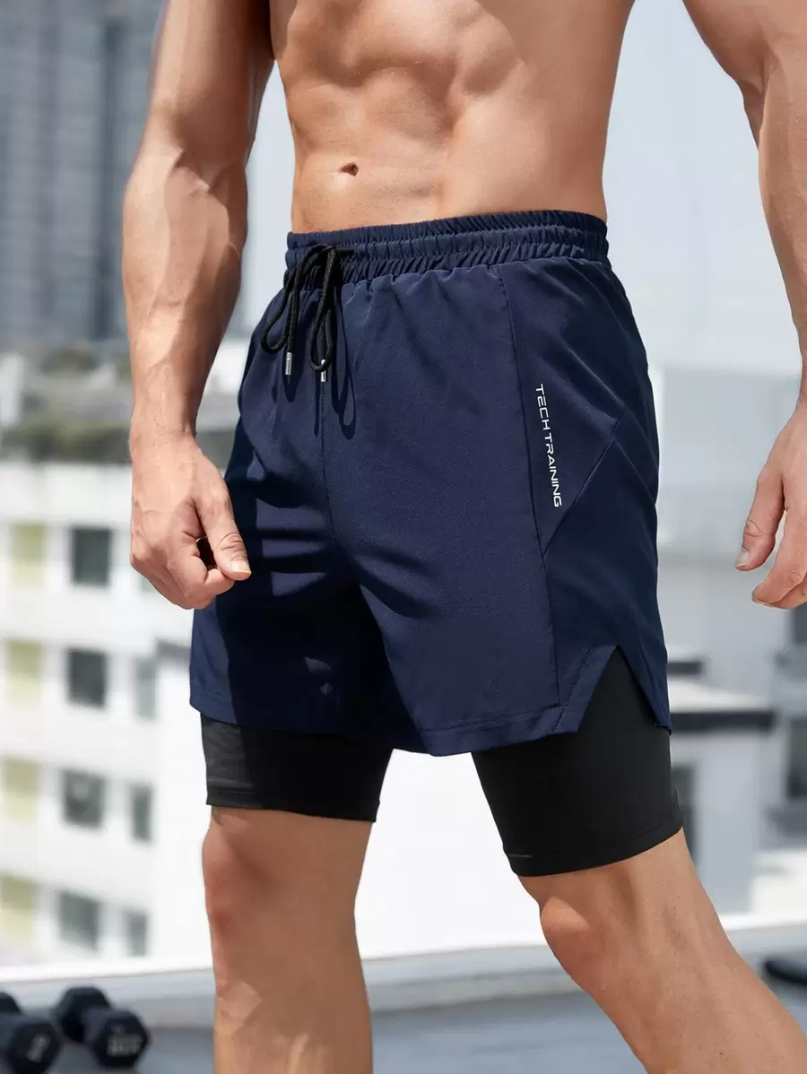 Manfinity Fitness Men Drawstring Waist 2 In 1 Sports Stretchy Shorts With Phone Pocket Gym Shorts Jogger Shorts - Navy Blue - View 1