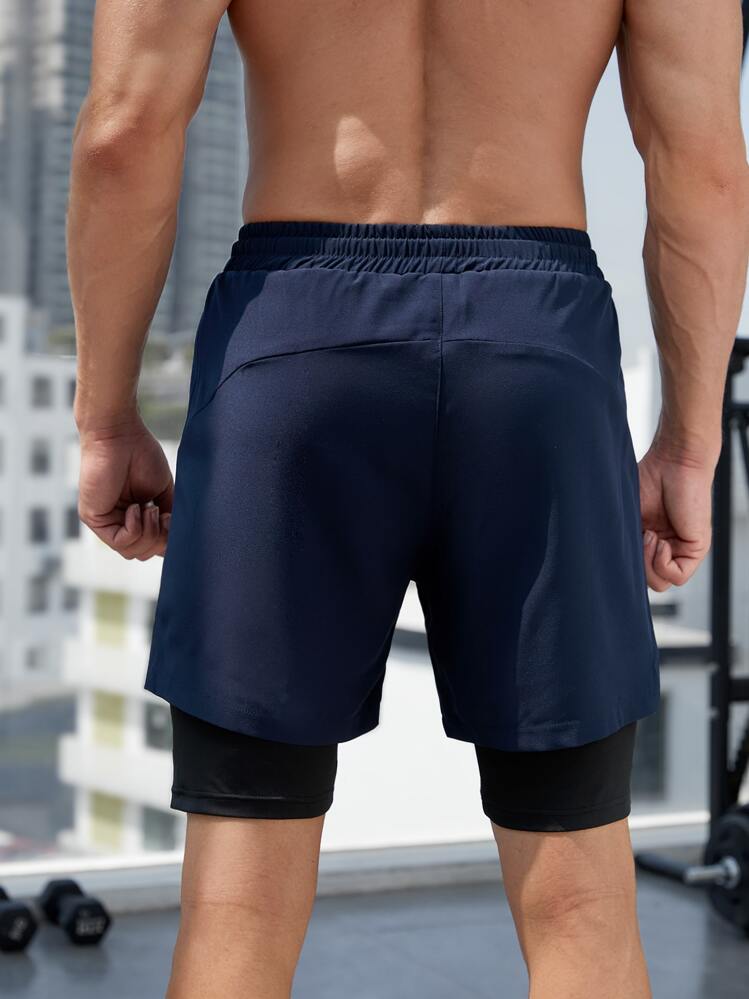 Manfinity Fitness Men Drawstring Waist 2 In 1 Sports Stretchy Shorts With Phone Pocket Gym Shorts Jogger Shorts - Navy Blue - View 2