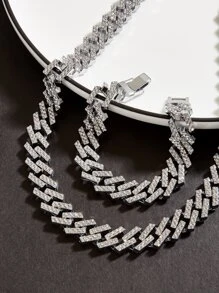 Hip Hop For Women Men Rhinestone Necklace With Bracelet Perfect Jewelry Gift For Party - Silver - View 2