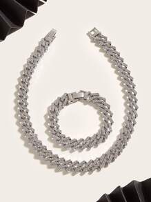 Hip Hop For Women Men Rhinestone Necklace With Bracelet Perfect Jewelry Gift For Party - Silver - View 3