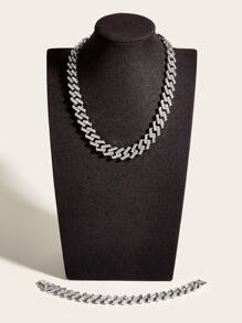 Hip Hop For Women Men Rhinestone Necklace With Bracelet Perfect Jewelry Gift For Party - Silver - View 4