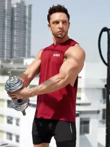 Manfinity Fitness 男友风男士字母图案落袖运动背心 红色背心