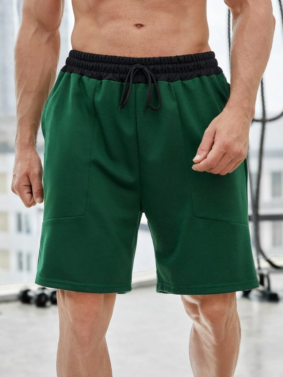 男士撞色腰部抽繩運動短褲 - 墨綠色 - 查看 1