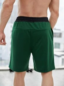 男士撞色腰部抽繩運動短褲 - 墨綠色 - 查看 2