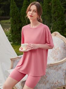 Bộ đồ giản dị Nữ màu trơn Giải trí - Bụi hồng - Xem 1
