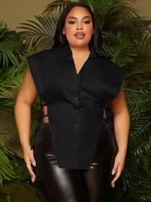 SHEIN SXY Plus Button Front Knot Side Asymmetrical Hem Blouse - Black - View 1