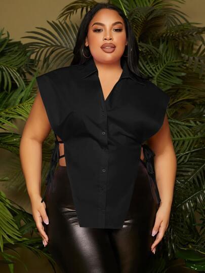 SHEIN SXY Plus Button Front Knot Side Asymmetrical Hem Blouse