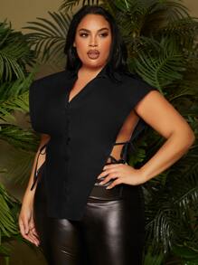 SHEIN SXY Plus Button Front Knot Side Asymmetrical Hem Blouse - Black - View 3