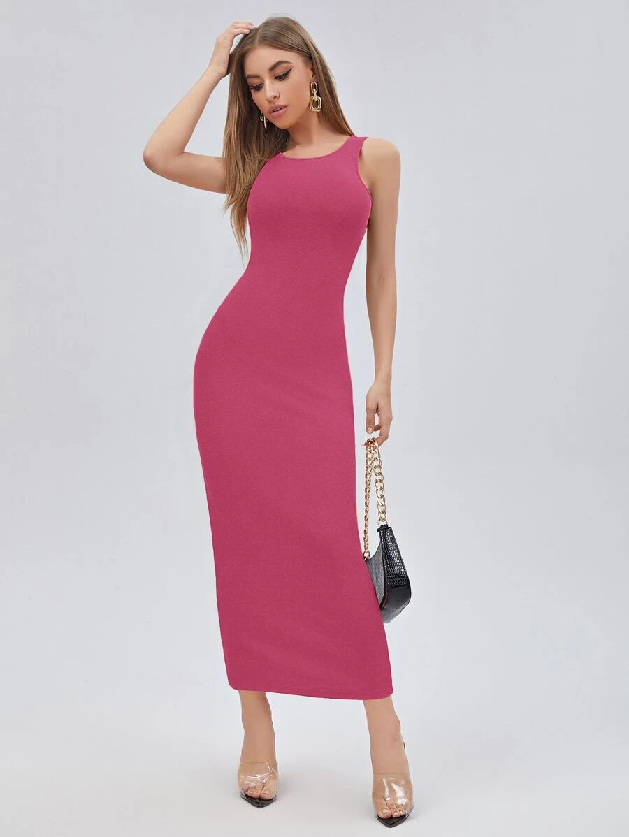 SHEIN Privé Solid Form Fitted Dress - Pink - View 1