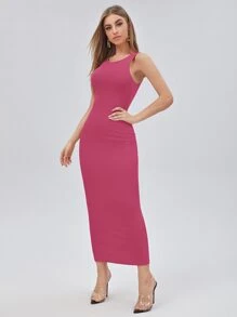 SHEIN Privé Solid Form Fitted Dress - Pink - View 3