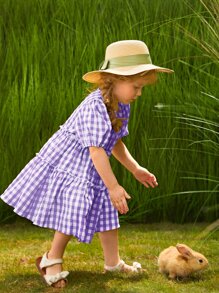 SHEIN 小女童格子圖案泡泡袖褶邊細節連衣裙 - 彩色 - 查看 3