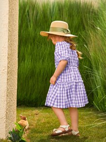 SHEIN 小女童格子圖案泡泡袖褶邊細節連衣裙 - 彩色 - 查看 7