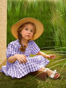 SHEIN 小女童格子圖案泡泡袖褶邊細節連衣裙 - 彩色 - 查看 9