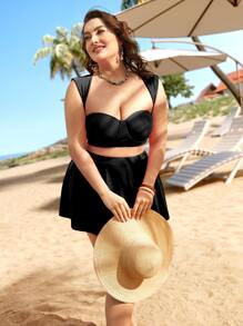 SHEIN Swim Curve 大碼素色比基尼套裝提臀束胸上衣和高腰下裝和沙灘裙3入組泳衣 - 黑色 - 查看 1