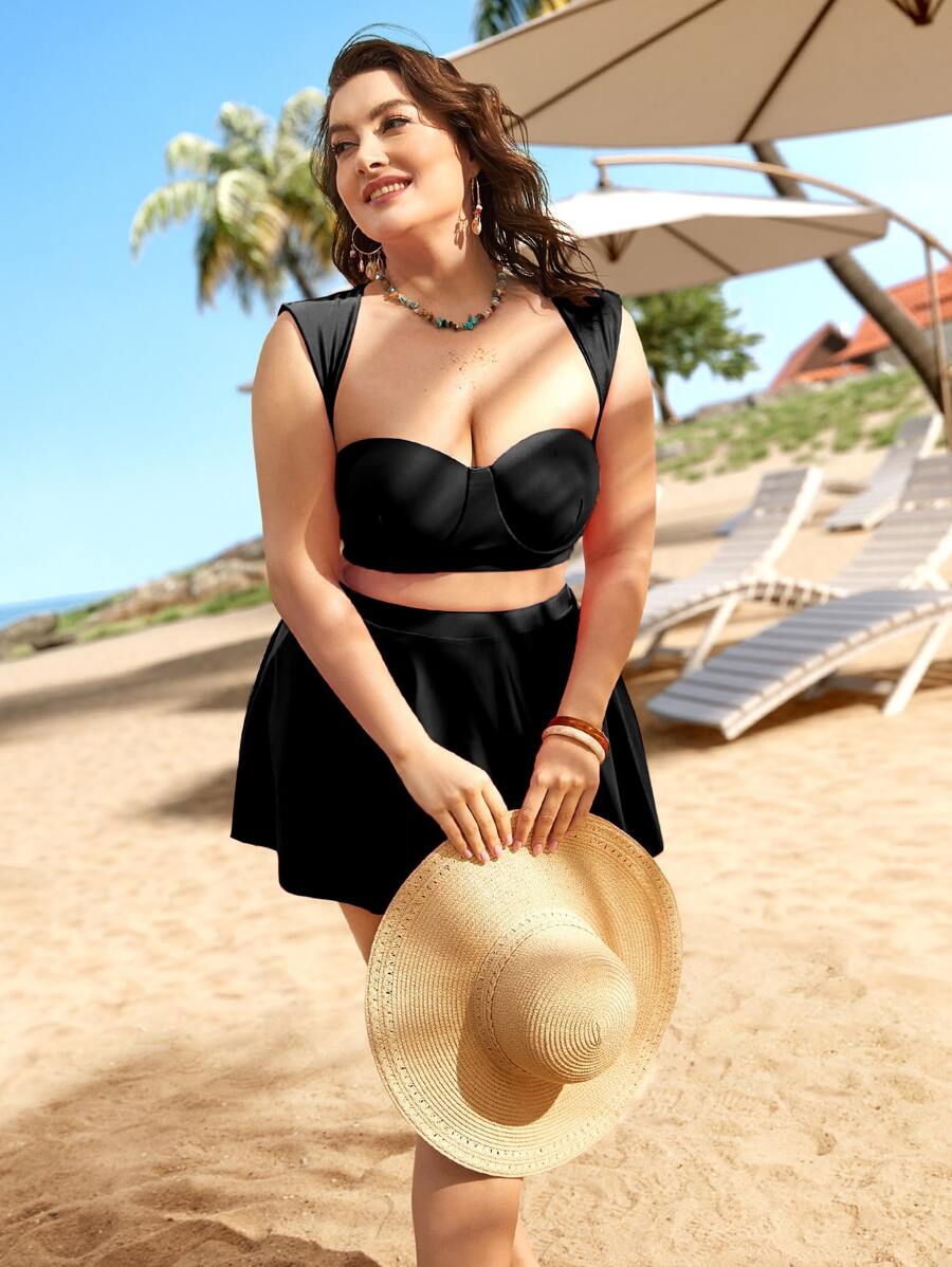 SHEIN Swim Curve 大碼素色比基尼套裝提臀束胸上衣和高腰下裝和沙灘裙3入組泳衣 - 黑色 - 查看 1