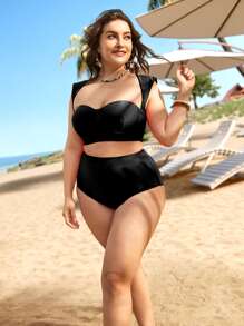 SHEIN Swim Curve 大碼素色比基尼套裝提臀束胸上衣和高腰下裝和沙灘裙3入組泳衣 - 黑色 - 查看 3