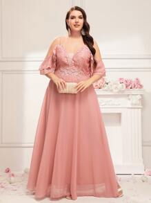 Váy phù dâu Plus Tương phản ren Xù màu trơn Hấp dẫn - Hồng - Xem 3
