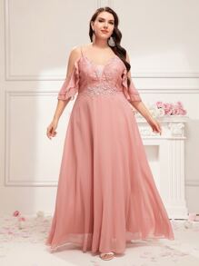 Váy phù dâu Plus Tương phản ren Xù màu trơn Hấp dẫn - Hồng - Xem 4