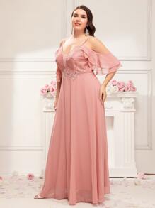 Váy phù dâu Plus Tương phản ren Xù màu trơn Hấp dẫn - Hồng - Xem 6