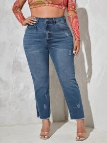 Plus Ripped Split Hem Jeans - Medium Wash - View 1