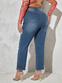 Plus Ripped Split Hem Jeans - Medium Wash - View 2