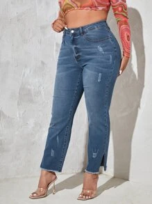 Plus Ripped Split Hem Jeans - Medium Wash - View 3