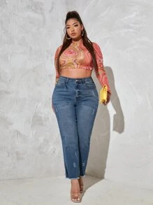 Plus Ripped Split Hem Jeans - Medium Wash - View 4