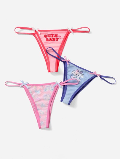 Kawaii 3 paquetes Conjunto de bragas con detalle de lazo gráfico de dibujos animados Lencería