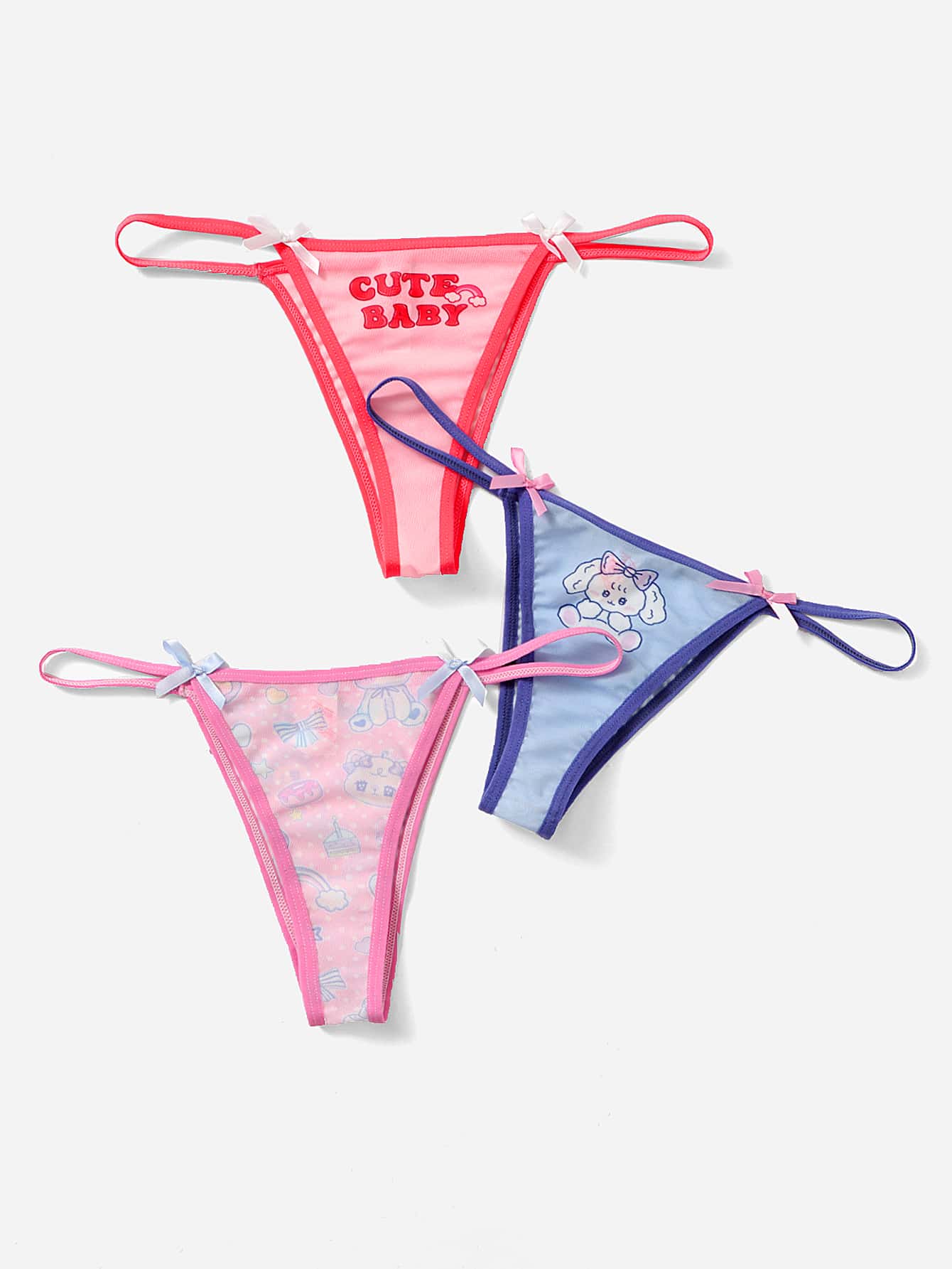 ROMWE Kawaii 3 paquetes Conjunto de bragas con detalle de lazo gráfico de dibujos animados Lencería - Multicolor - Añade 1