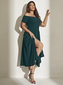 Đầm Plus Size Tách cao màu trơn Thanh lịch - Màu xanh lá cây đậm - Xem 1