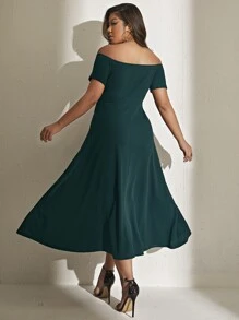 Đầm Plus Size Tách cao màu trơn Thanh lịch - Màu xanh lá cây đậm - Xem 2
