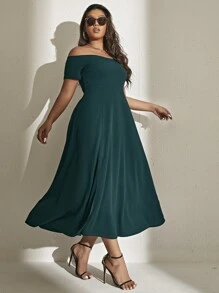 Đầm Plus Size Tách cao màu trơn Thanh lịch - Màu xanh lá cây đậm - Xem 3