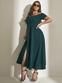 Đầm Plus Size Tách cao màu trơn Thanh lịch - Màu xanh lá cây đậm - Xem 5