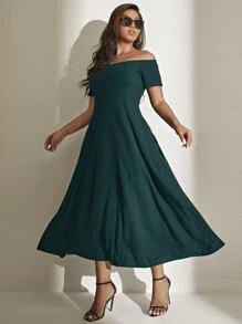 Đầm Plus Size Tách cao màu trơn Thanh lịch - Màu xanh lá cây đậm - Xem 6