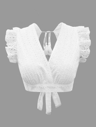 مقاس كبير بلوزة اكمام مكشكش بربطة ظهر ياقة متداخلة شيفي