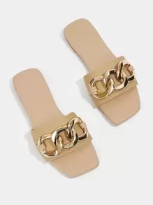 CUCCOO BASICS Cool Outdoors Flat Slippers For Woman Shoes, Chain Decor Plain Fabric Open Toe Slide Sandals For Spring And Summer - Apricot - View 4