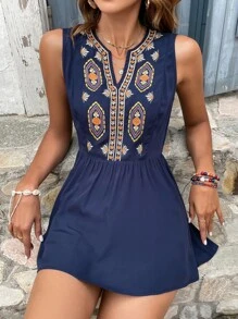 SHEIN Unity Floral Embroidery Notched Neck Peplum Blouse - Navy Blue - View 1