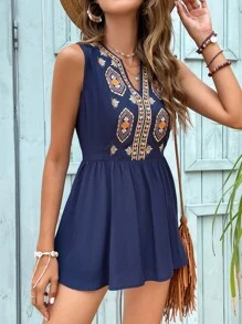 SHEIN Unity Floral Embroidery Notched Neck Peplum Blouse - Navy Blue - View 6