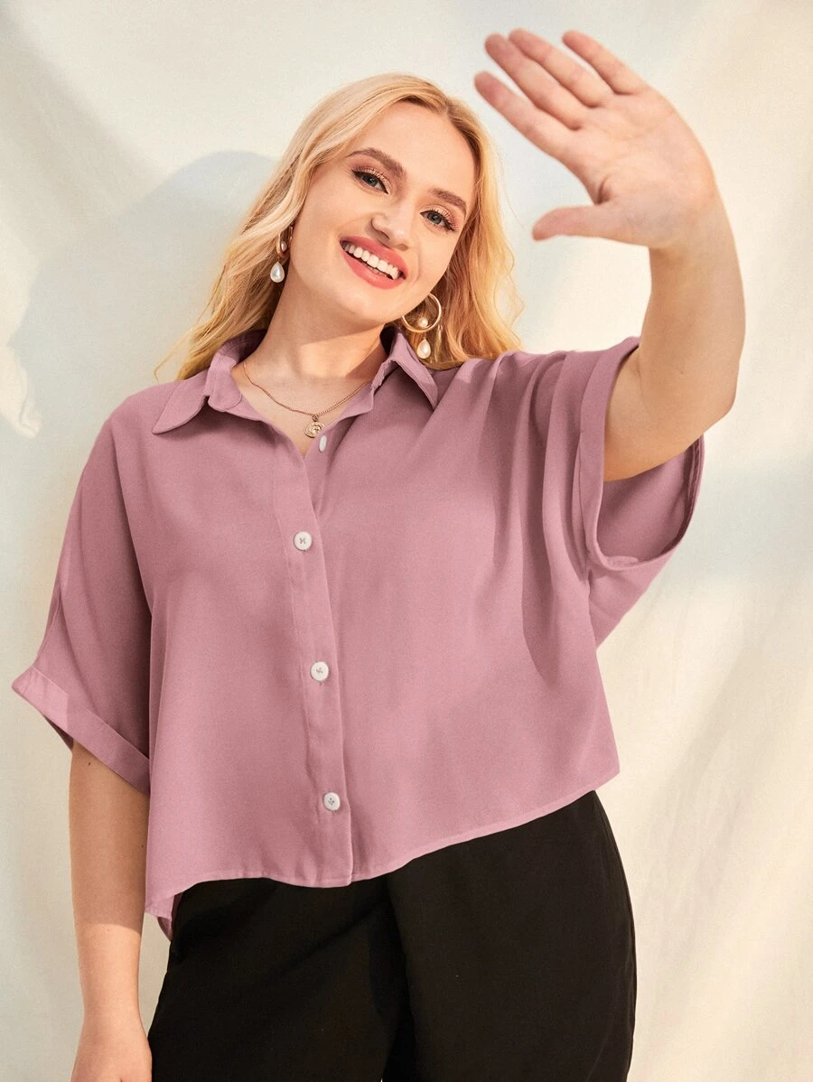 SHEIN Essnce Plus Batwing Sleeve Solid Shirt - Dusty Pink - View 1