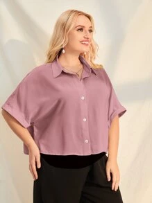 SHEIN Essnce Plus Batwing Sleeve Solid Shirt - Dusty Pink - View 3