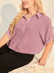 SHEIN Essnce Plus Batwing Sleeve Solid Shirt - Dusty Pink - View 5