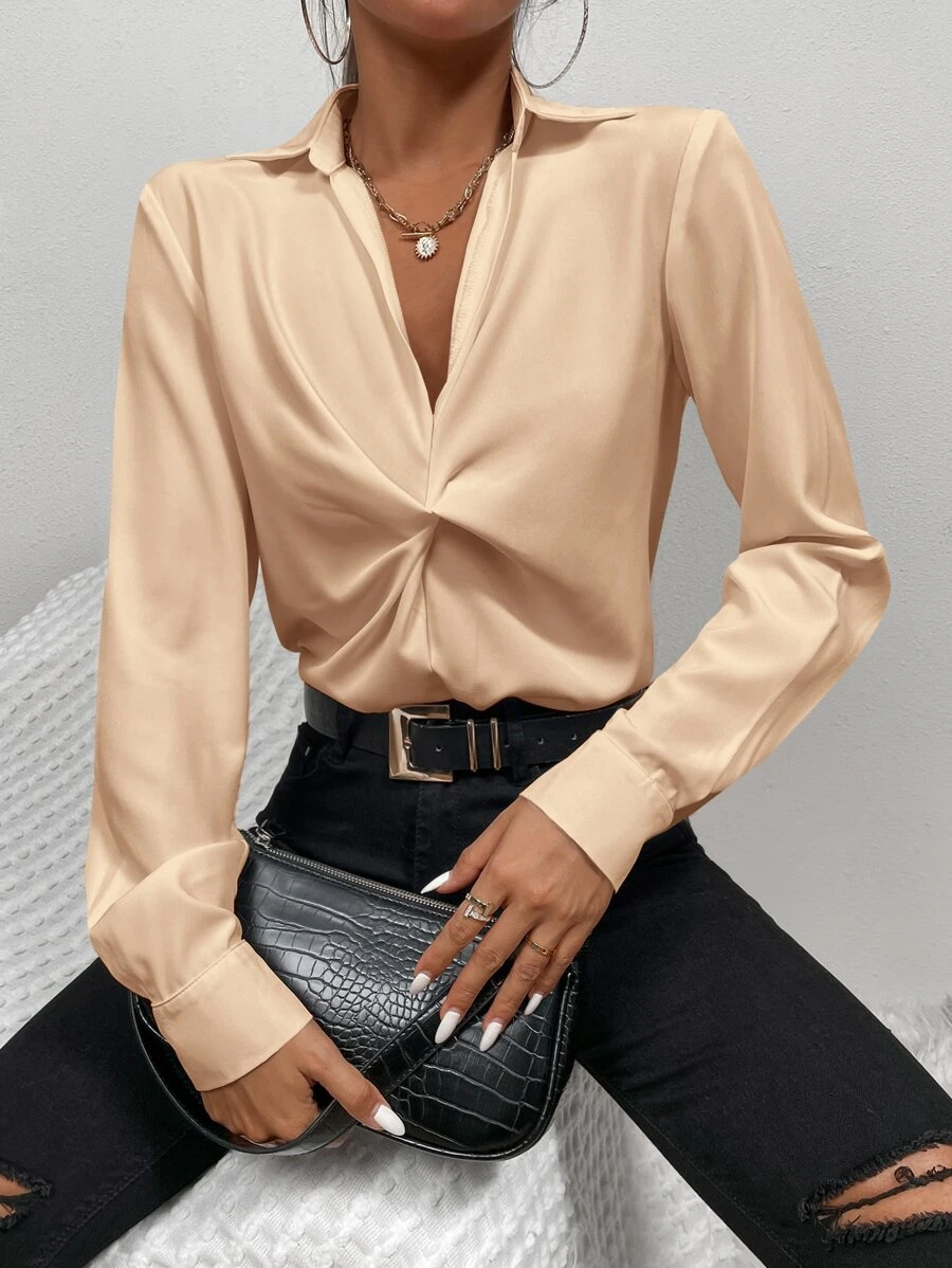 SHEIN Privé Blusa unicolor girante delantero - Champán - Ver 1