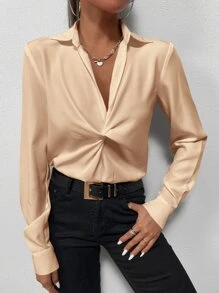 SHEIN Privé Blusa unicolor girante delantero - Champán - Ver 4