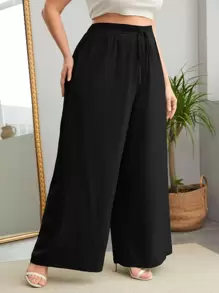 SHEIN LUNE Plus Knot Front Wide Leg Trousers - Black - View 1