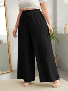 SHEIN LUNE Plus Knot Front Wide Leg Trousers - Black - View 3